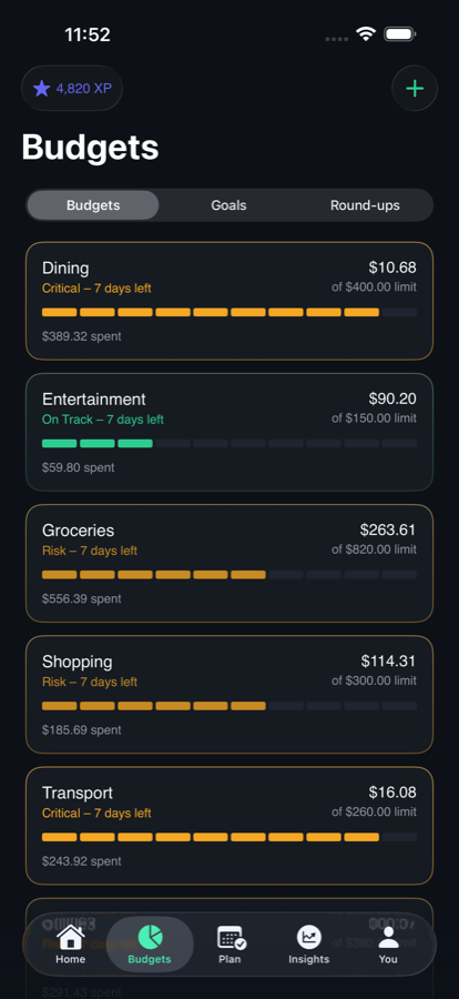 Budgets screen listing categories with amounts spent, limits and on-track or at-risk status.