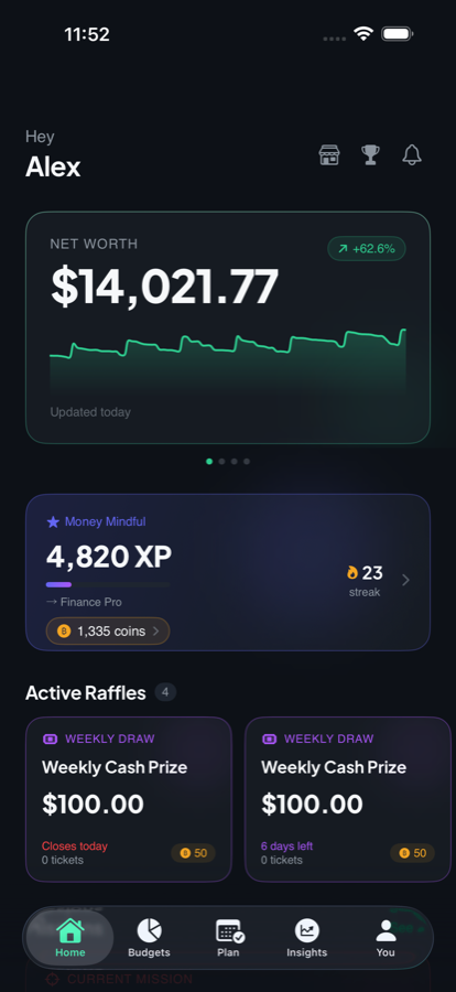 Money Tree home screen showing net worth, a trend line, experience points and a daily streak.