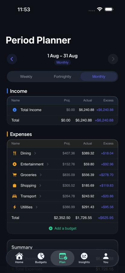 Planning screen showing budget periods and upcoming income and bills.