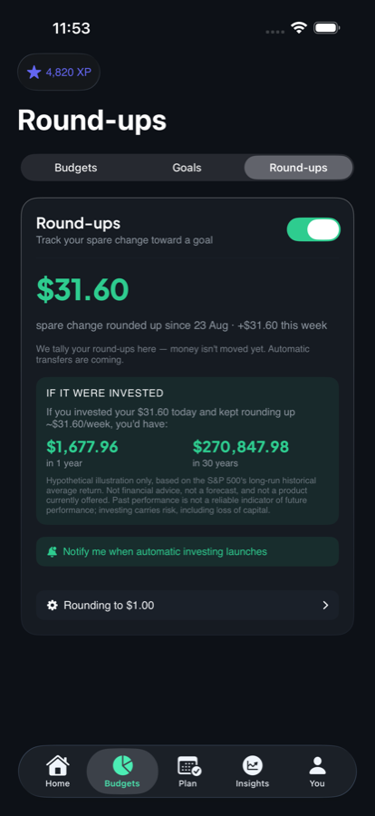 Round-ups screen showing spare change tallied toward a goal and a labelled hypothetical compounding illustration.